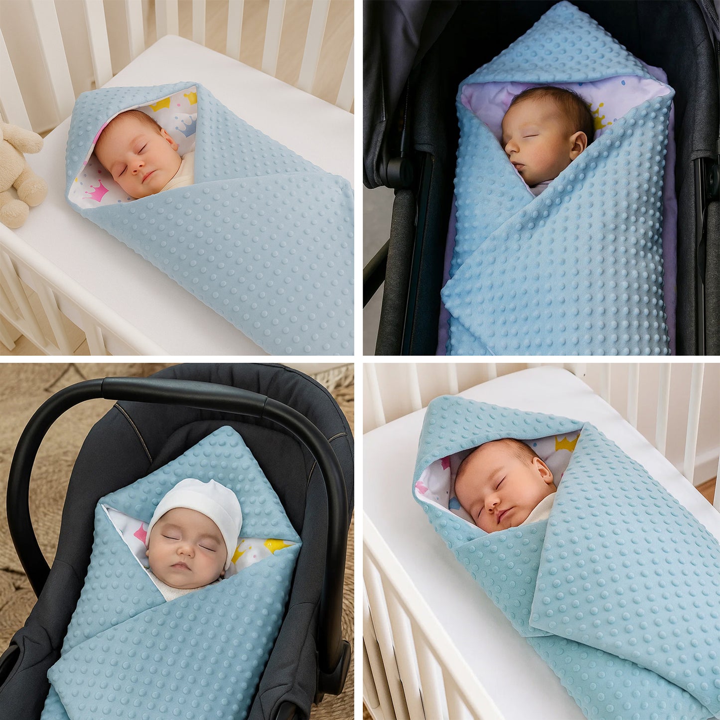 Einschlagdecke Babydecke 86x86 cm – Baumwolle & Minky Blau / Kronen