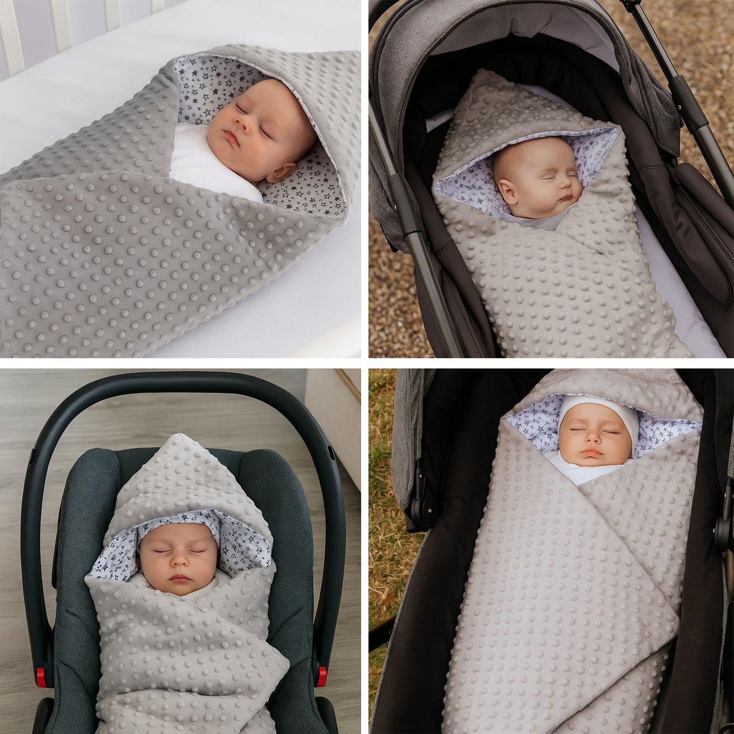 Einschlagdecke Babydecke 86x86 cm – Baumwolle & Minky Grau / Sterne