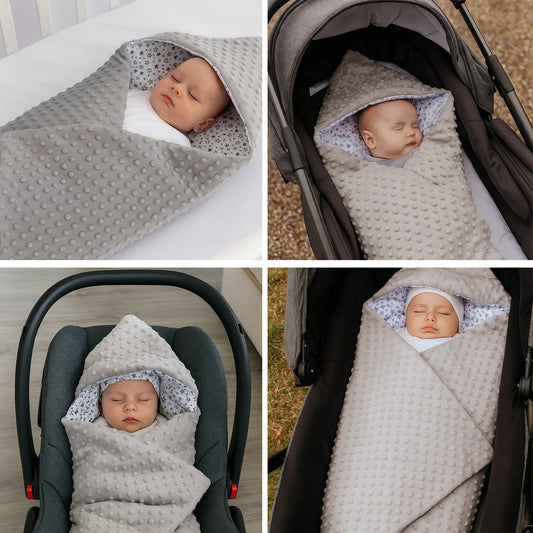 LEANBE Einschlagdecke Babydecke für Babyschale und Kinderwagen 86x86 cm – Baumwolle & Minky Grau / Sterne
