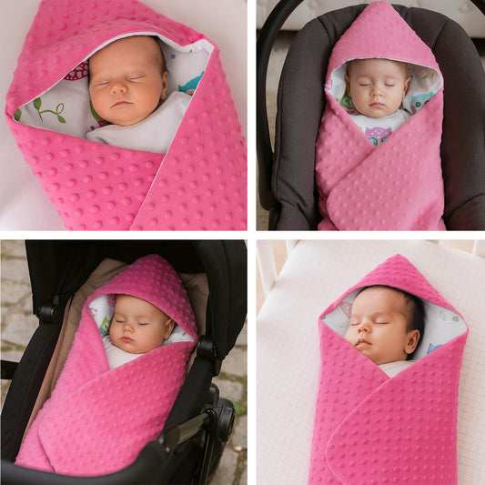LEANBE Einschlagdecke Babydecke für Babyschale und Kinderwagen 86x86 cm – Baumwolle & Minky Rosa /Eulen