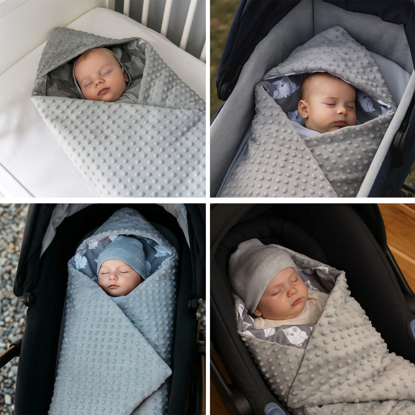 Einschlagdecke Babydecke 86x86 cm – Baumwolle & Minky Grau / Eulen