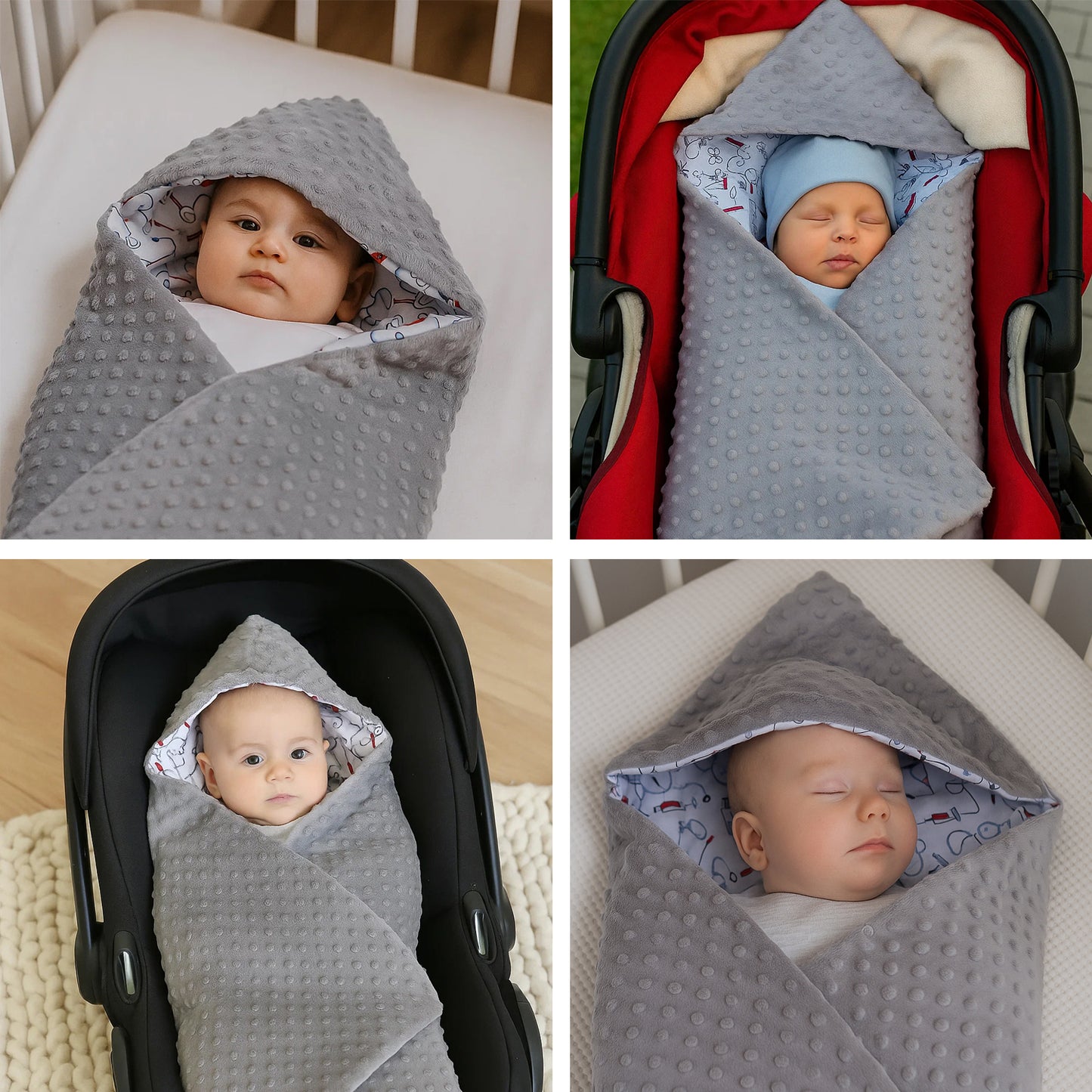 Einschlagdecke Babydecke 86x86 cm – Baumwolle & Minky Grau / Störche