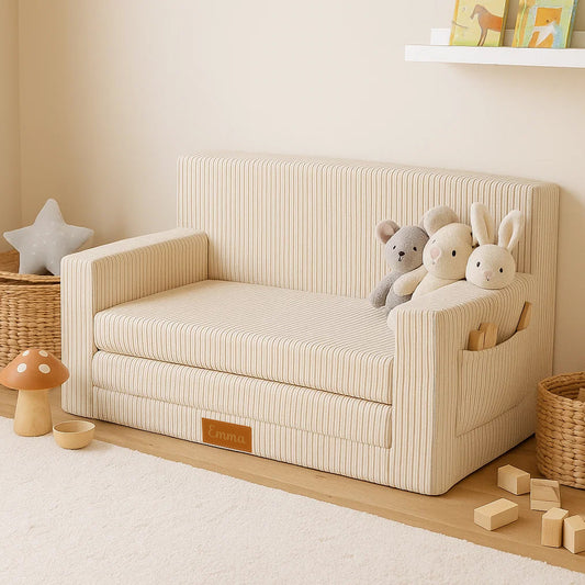 LEANBE Personalisierbares Kindersofa 3-in-1  Spiel- und Schlafsofa mit individuellem Namen - Beige Cord