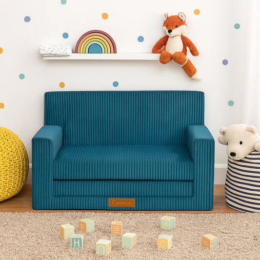 LEANBE Personalisierbares Kindersofa 3-in-1  Spiel- und Schlafsofa mit individuellem Namen - Blau Cord