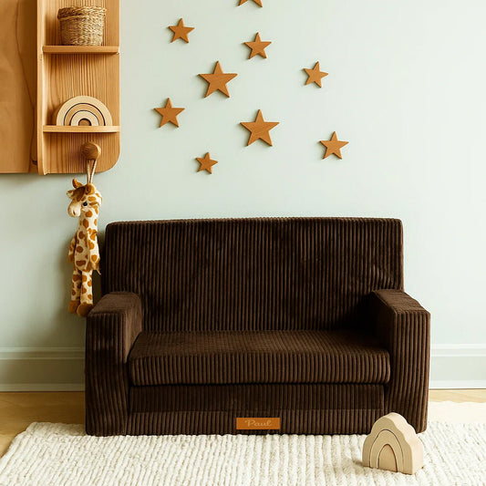 LEANBE Personalisierbares Kindersofa 3-in-1  Spiel- und Schlafsofa mit individuellem Namen - Braun Cord