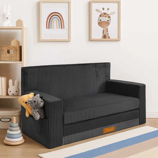 LEANBE Personalisierbares Kindersofa 3-in-1  Spiel- und Schlafsofa mit individuellem Namen - Grau Cord