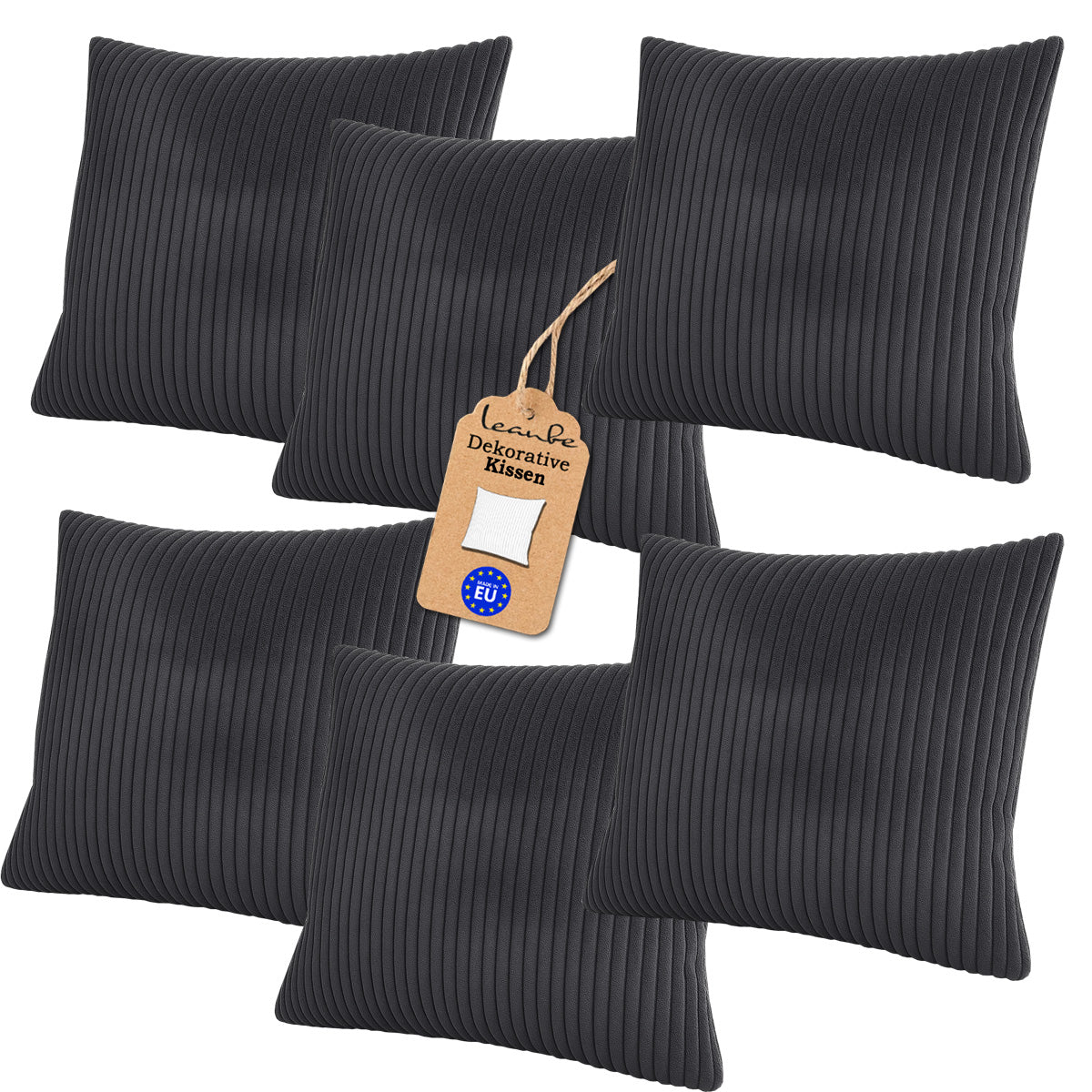 LEANBE Cord Dekokissen – Weiches Kissen mit strukturierter Oberfläche Set 6 Stck. - Graphit
