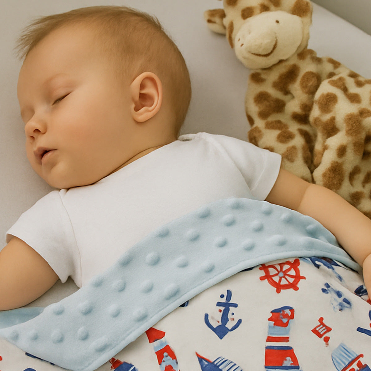 LEANBE Babydecke 50x70cm doppelseitig Minky/Baumwolle Blau Minky-Segelboote