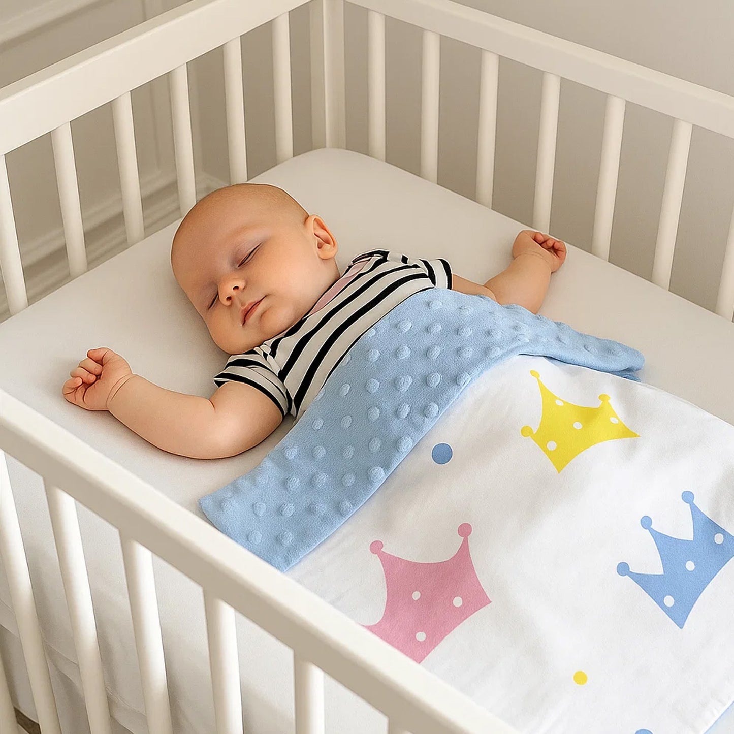 Babydecke 50x70cm doppelseitig Minky/Baumwolle  Blau Minky-Kronen