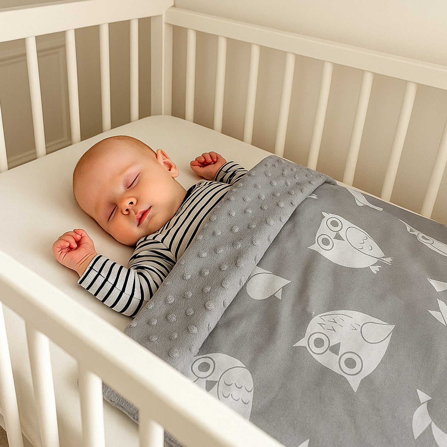 Babydecke 50x70cm doppelseiti Minky/Baumwolle Grau Minky-Eulen