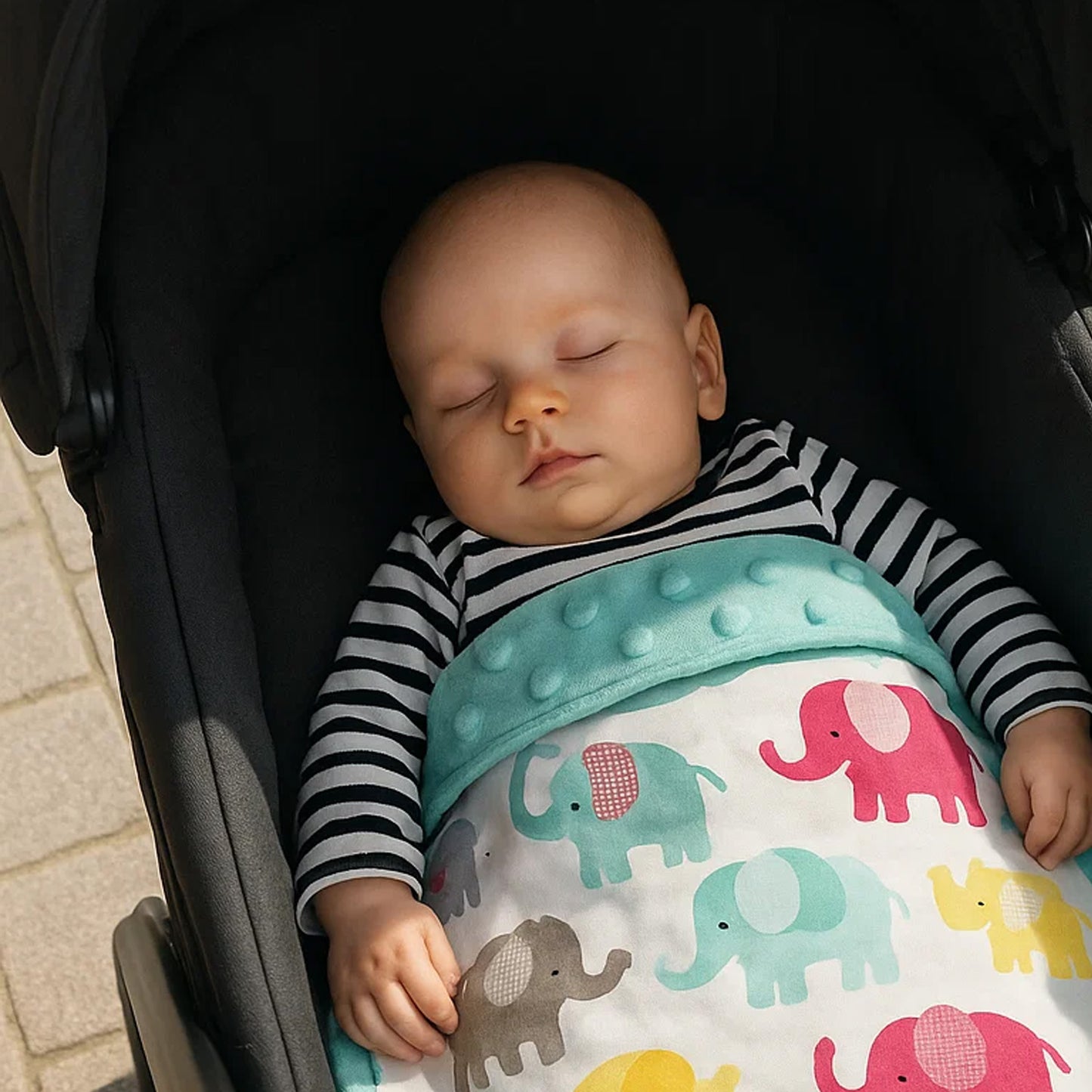 Babydecke 50x70cm doppelseitig Minky/Baumwolle Türkis Minky-Elefanten