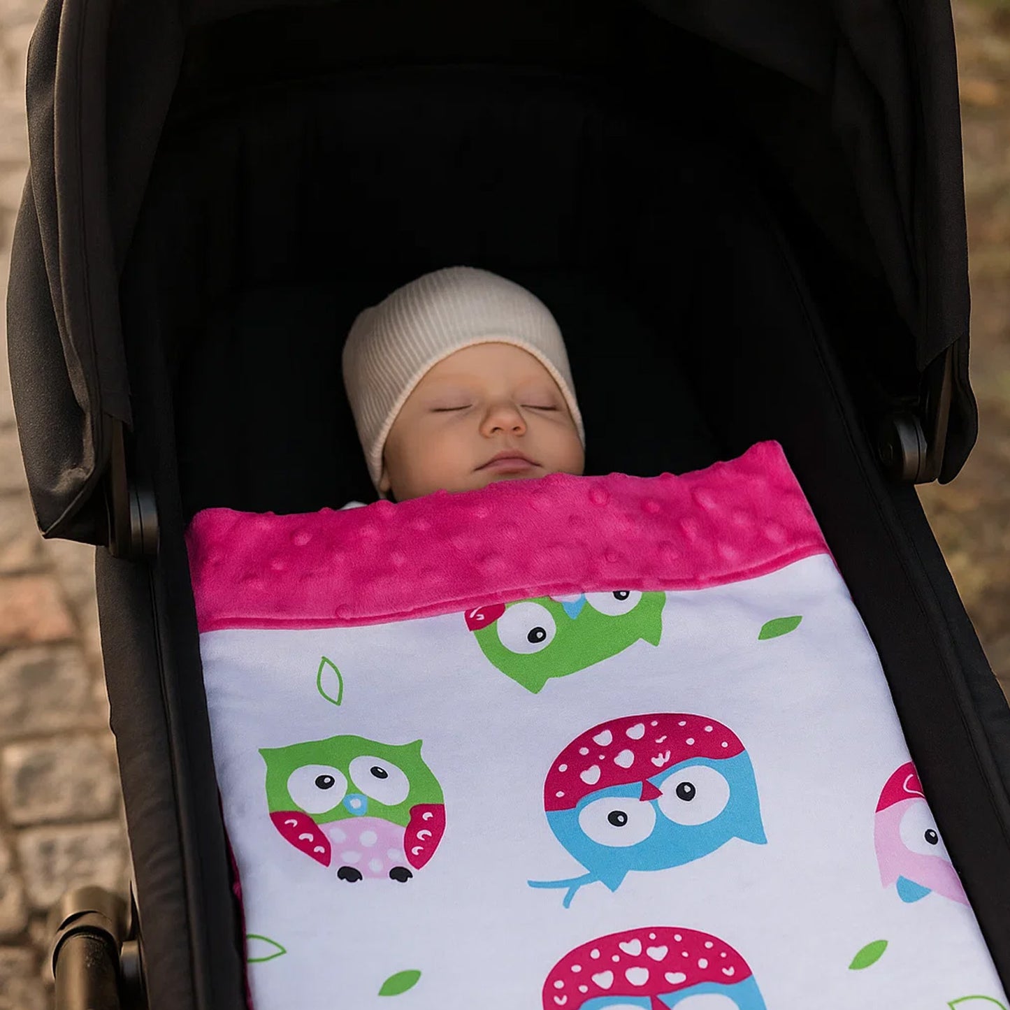 Babydecke 50x70cm doppelseitig Minky/Baumwolle Rosa Minky-Eulen