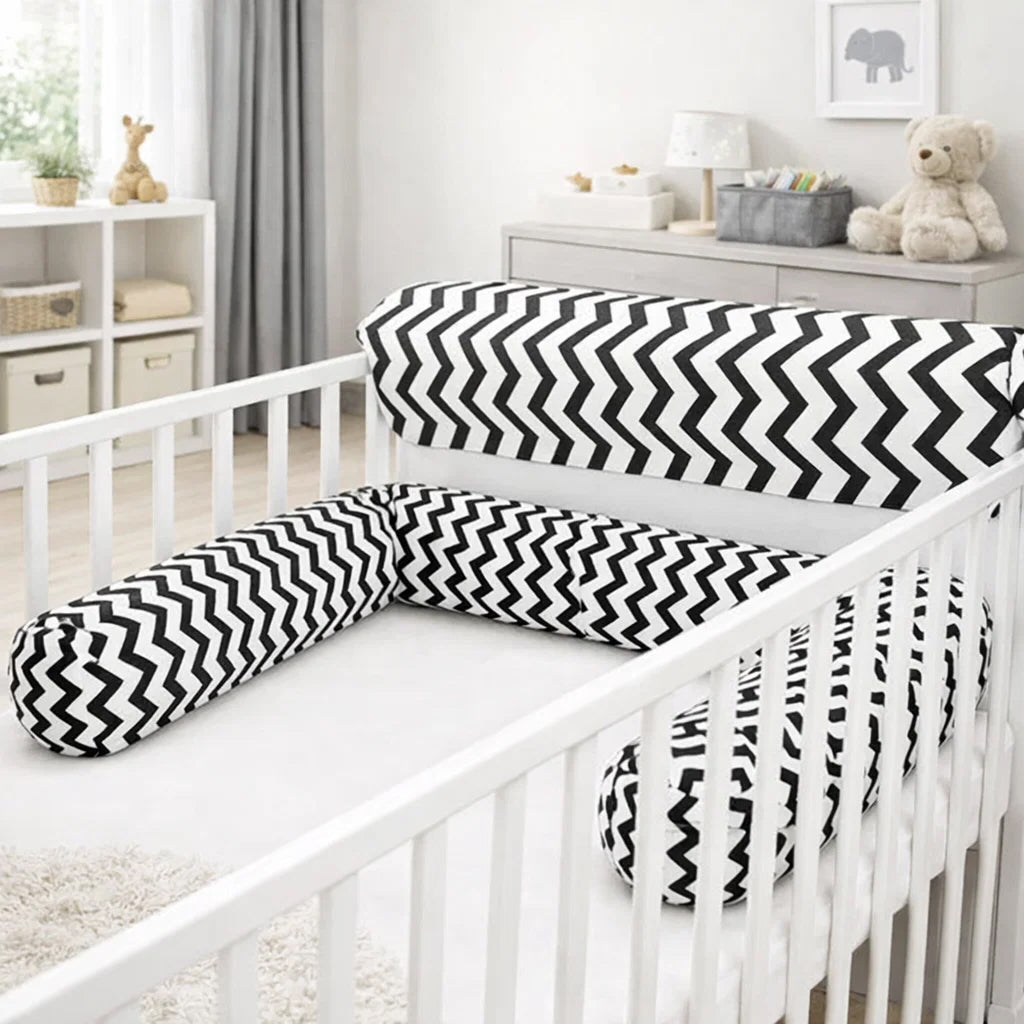 LEANBE Bettkantenschutz 70x20x14 cm + Bettschlange 150x15 cm – Schwarz-Weiß Chevron