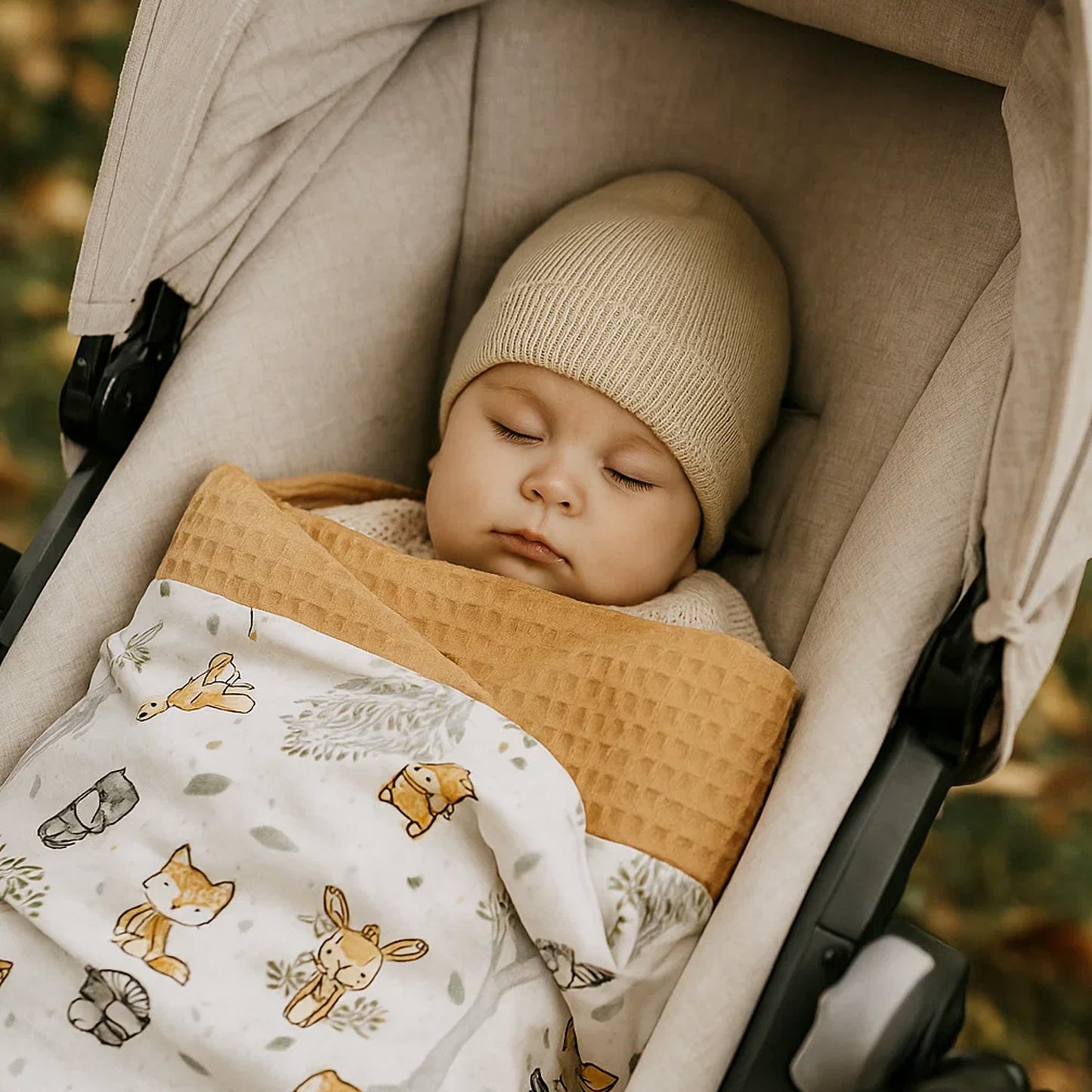 Babydecke 50x70cm doppelseitig Baumwolle/Waffelstoff Beige