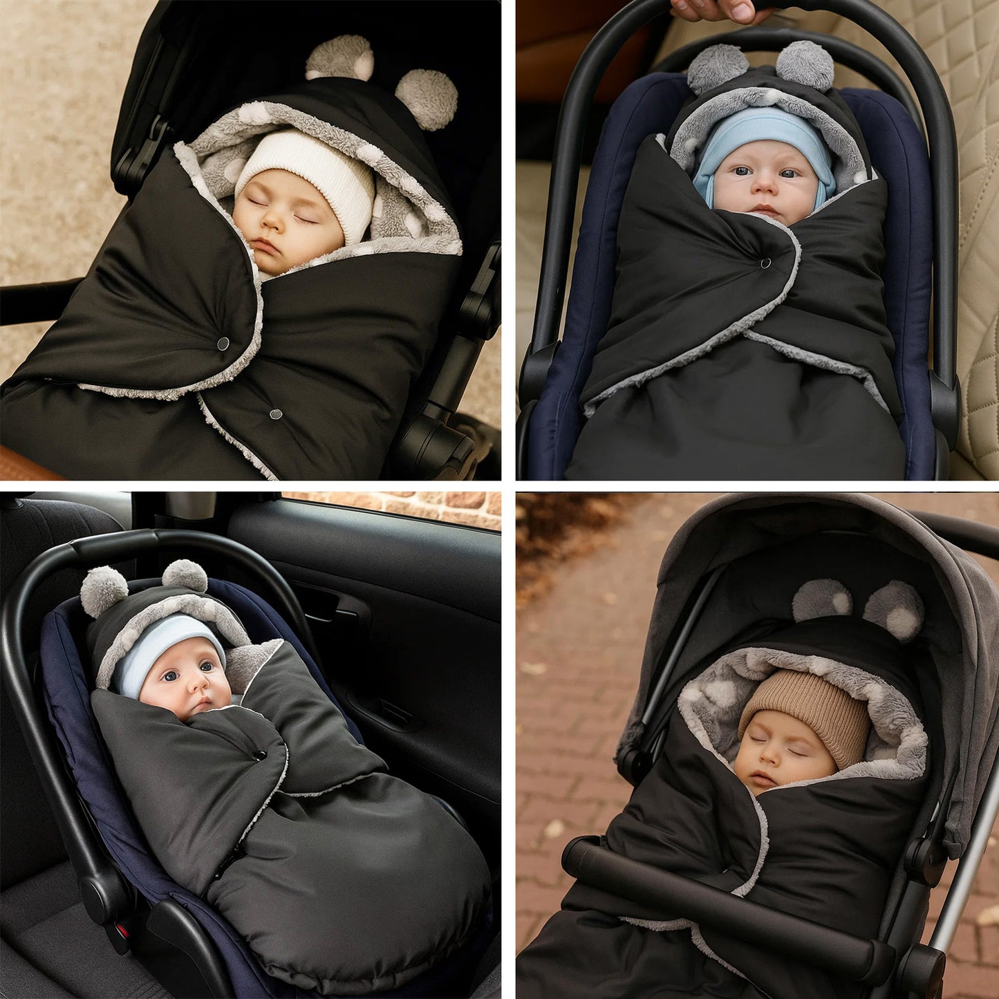 Baby Einschlagdecke für Winter - Schwarz mit Weißen Herzen