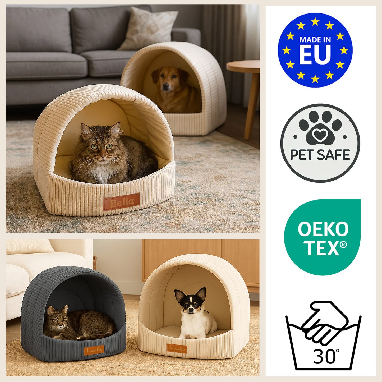 Personalisierbare & Stilvolle Cord-Hütte für Hunde und Katzen - Grau