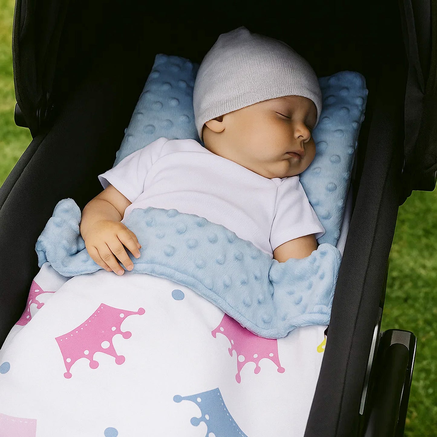 Babydecke 50x70cm doppelseitig Minky/Baumwolle  Blau Minky-Kronen