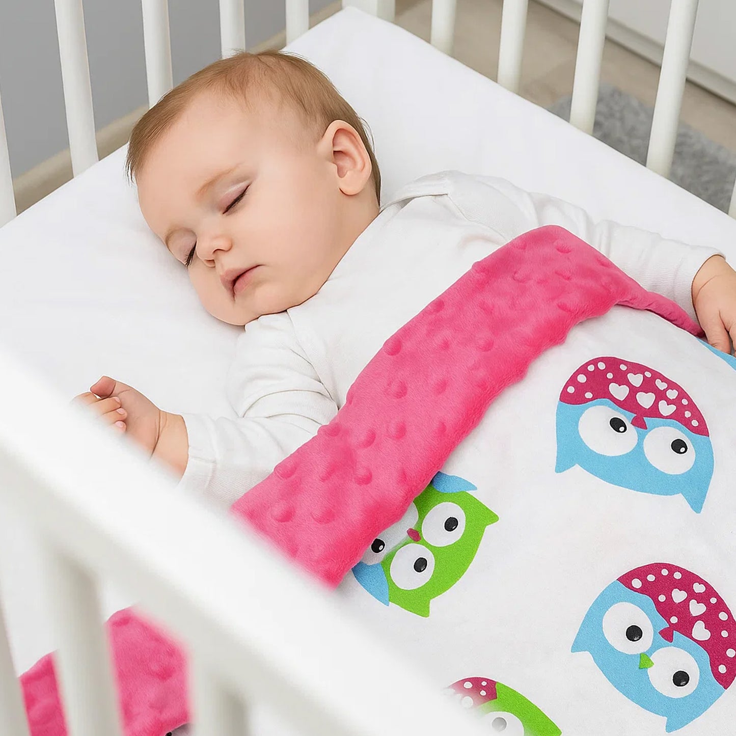 Babydecke 50x70cm doppelseitig Minky/Baumwolle Rosa Minky-Eulen