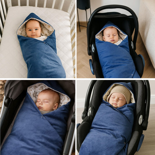LEANBE Einschlagdecke Babydecke für Babyschale und Kinderwagen 86x86 cm – Baumwolle & Velours Blau