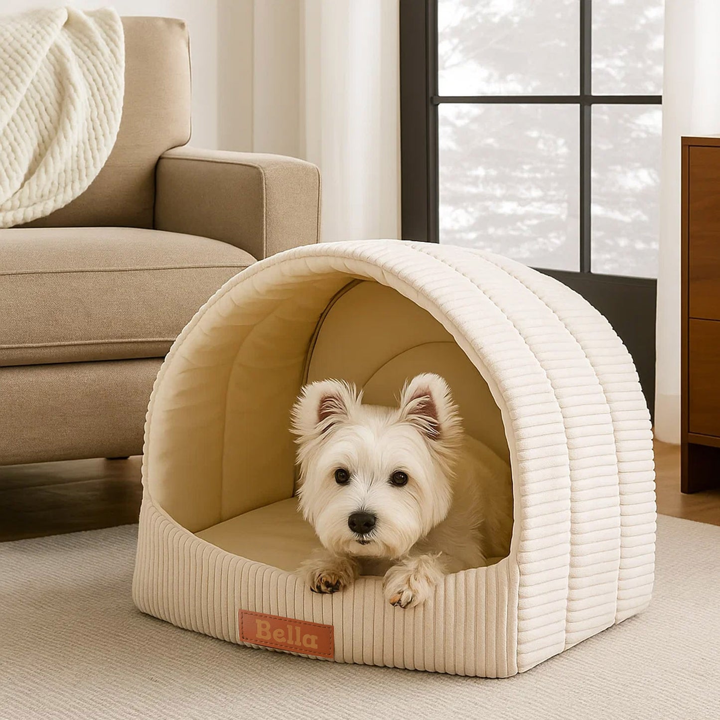 Personalisierbare & Stilvolle Cord-Hütte für Hunde und Katzen - Beige
