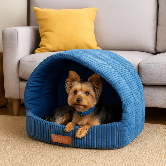 LEANBE Personalisierbare & Stilvolle Cord-Hütte für Hunde und Katzen - Blau