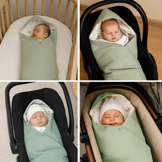 LEANBE Einschlagdecke Babydecke für Babyschale und Kinderwagen 86x86 cm – Baumwolle & Waffelstoff Mint