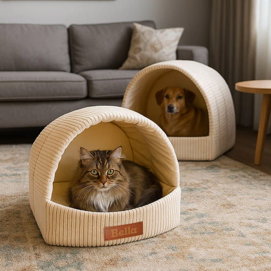 LEANBE Personalisierbare & Stilvolle Cord-Hütte für Hunde und Katzen - Beige