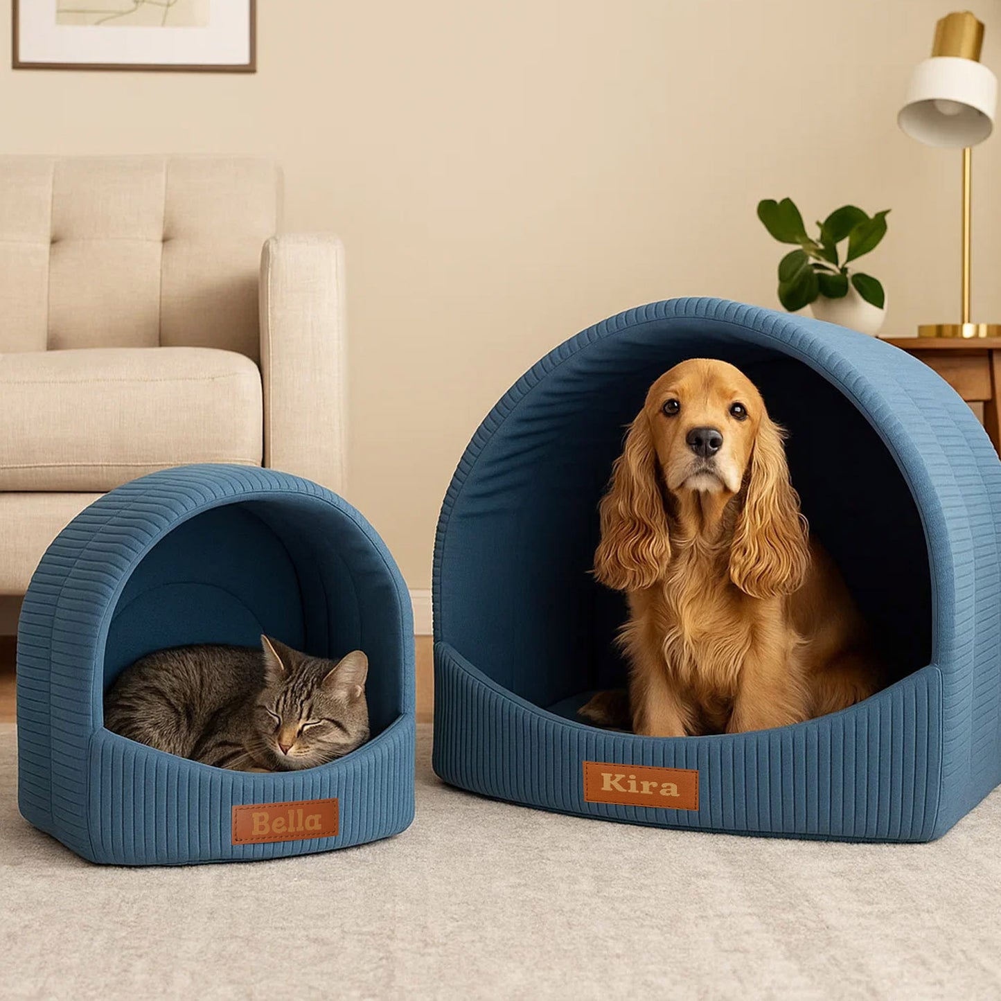 Personalisierbare & Stilvolle Cord-Hütte für Hunde und Katzen - Blau