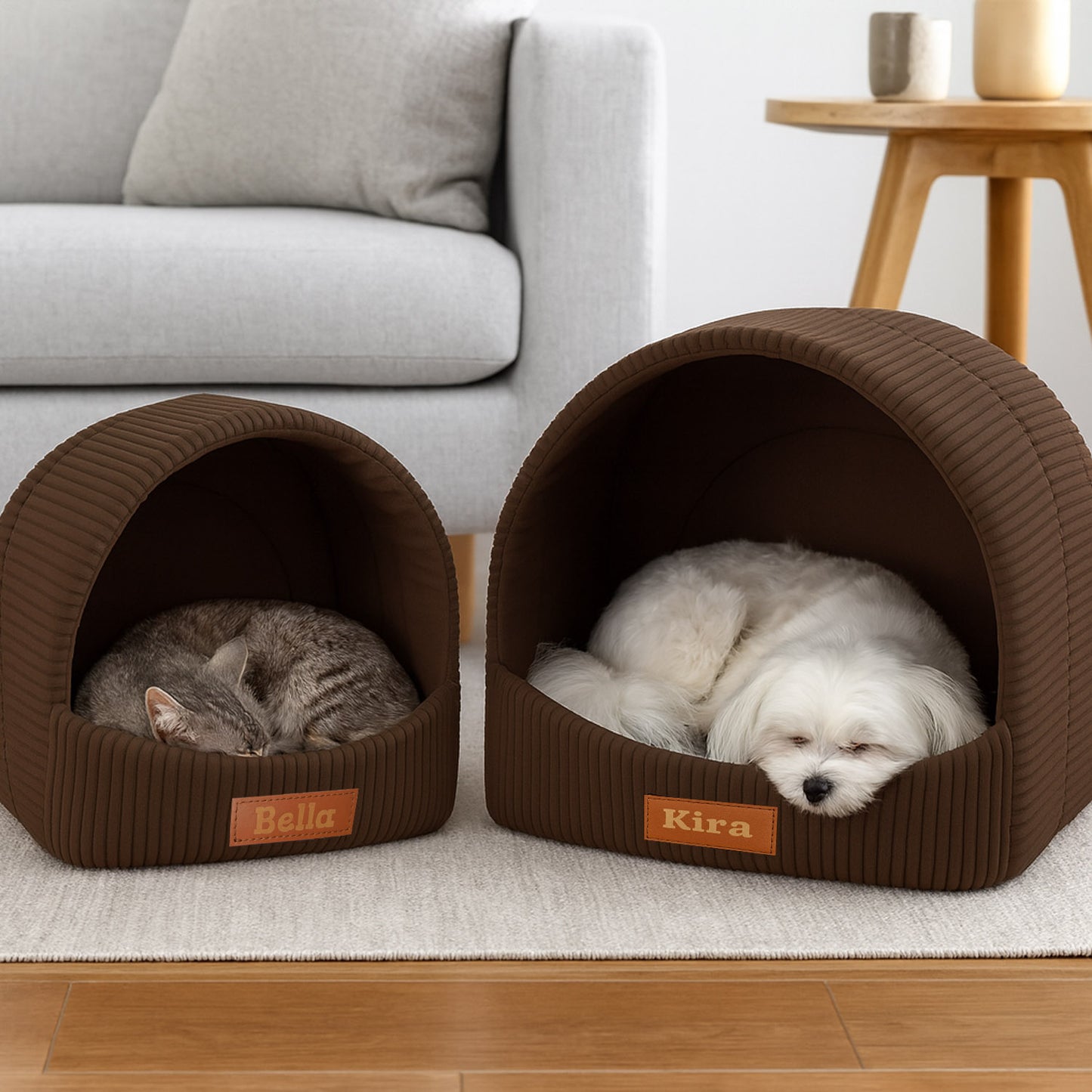 Personalisierbare & Stilvolle Cord-Hütte für Hunde und Katzen - Braun