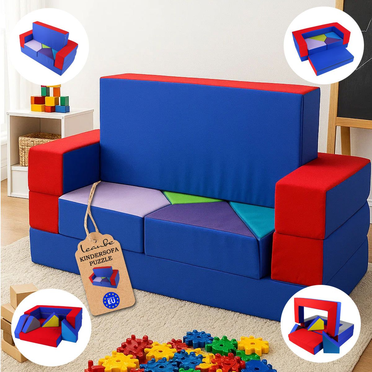 Kindersofa 4in1 Puzzle Spielsofa Blau-Rot