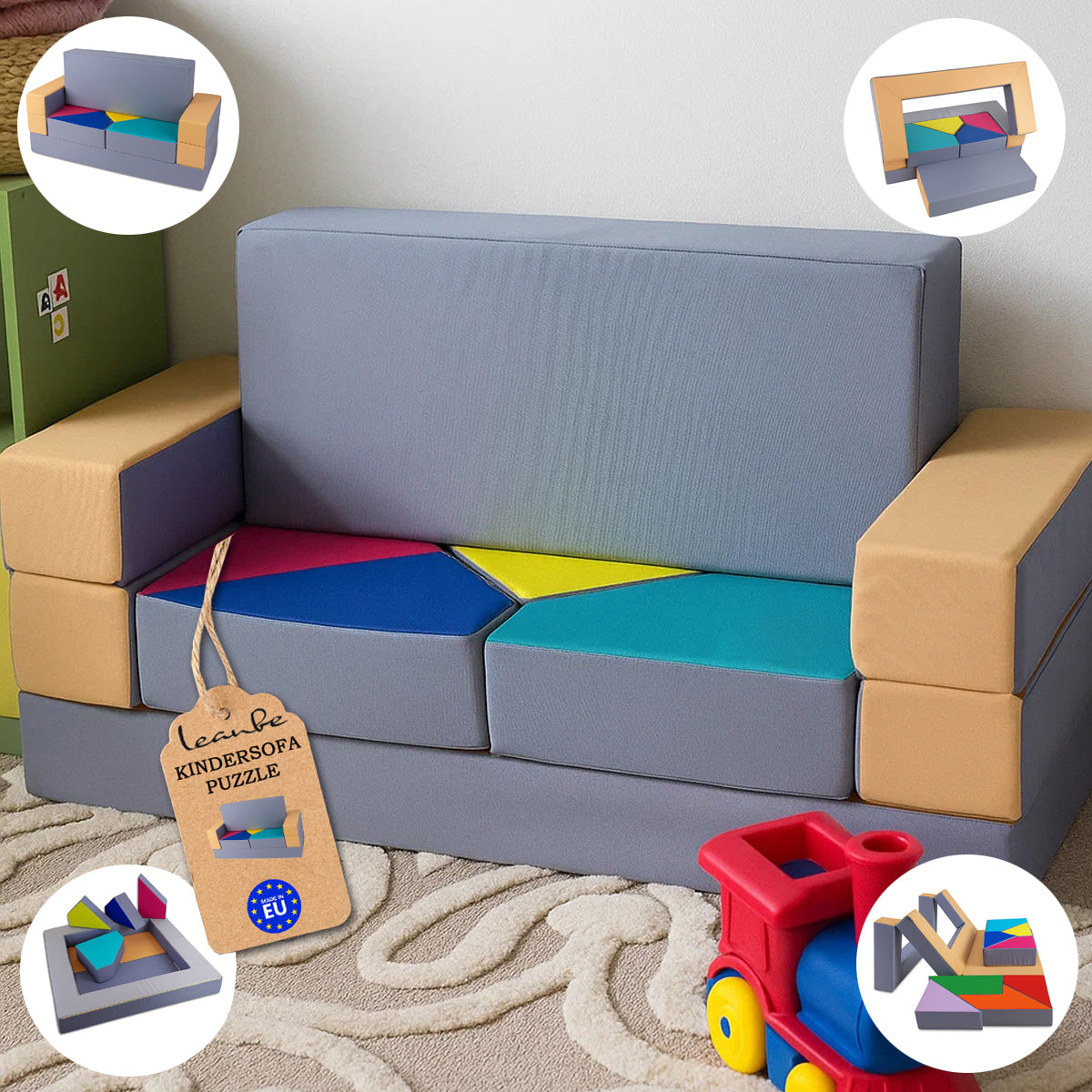 Kindersofa 4in1 Puzzle Spielsofa Beige-Grau