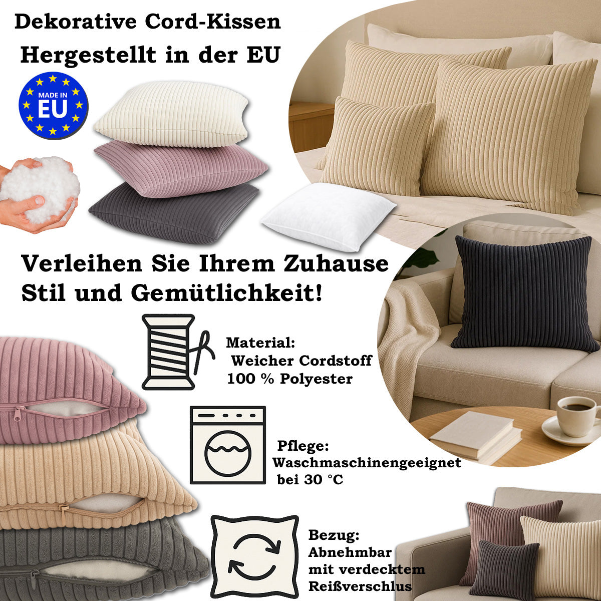 LEANBE Cord Dekokissen – Weiches Kissen mit strukturierter Oberfläche Set 4 Stck. - Graphit