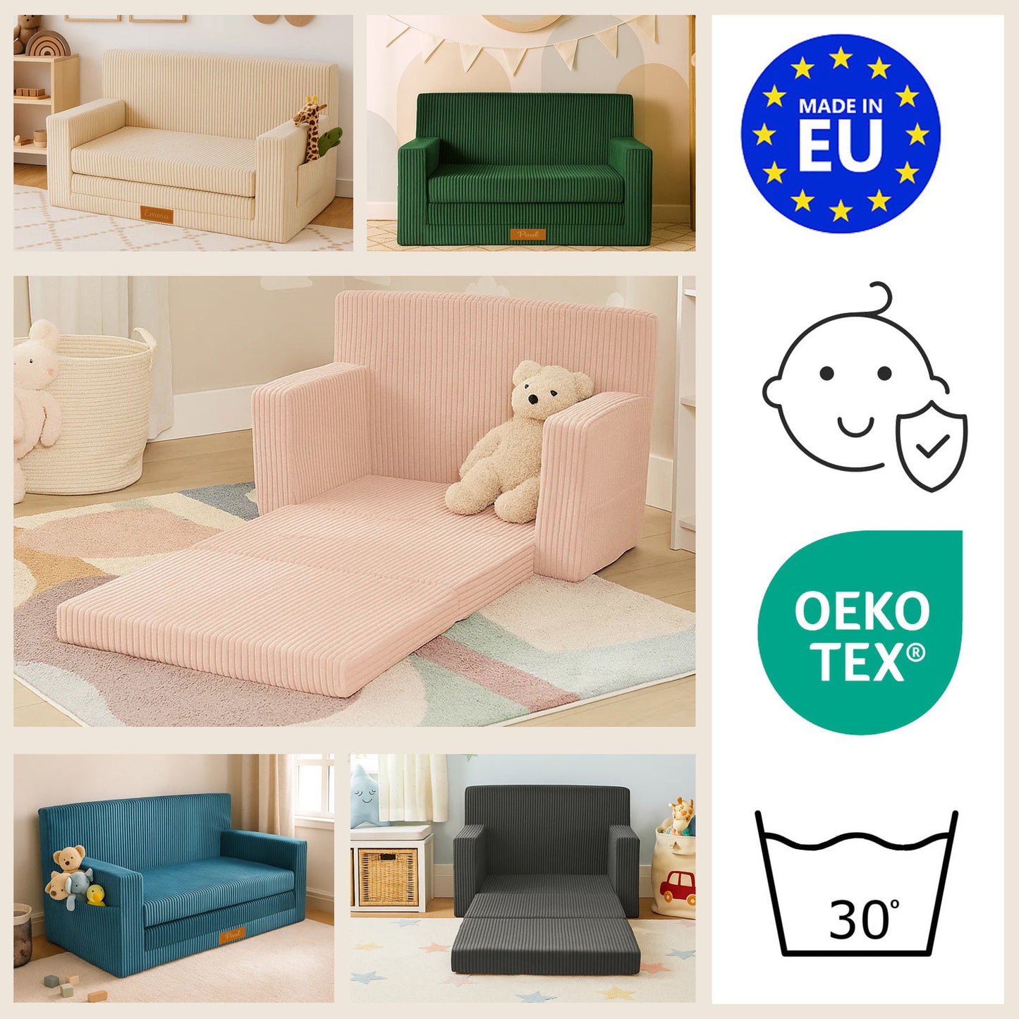 LEANBE Personalisierbares Kindersofa 3-in-1  Spiel- und Schlafsofa mit individuellem Namen - Rot Cord