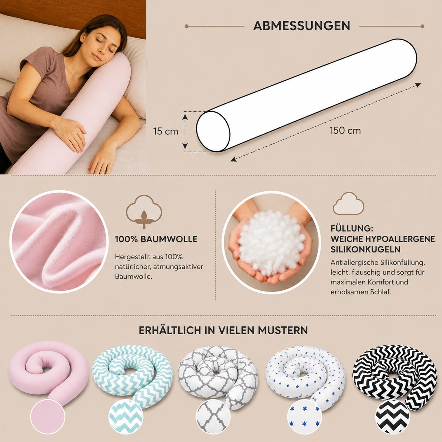 LEANBE Bettschlange Stillkissen – Vielseitiges Seitenschläferkissen 150 cm - Graues Ornament