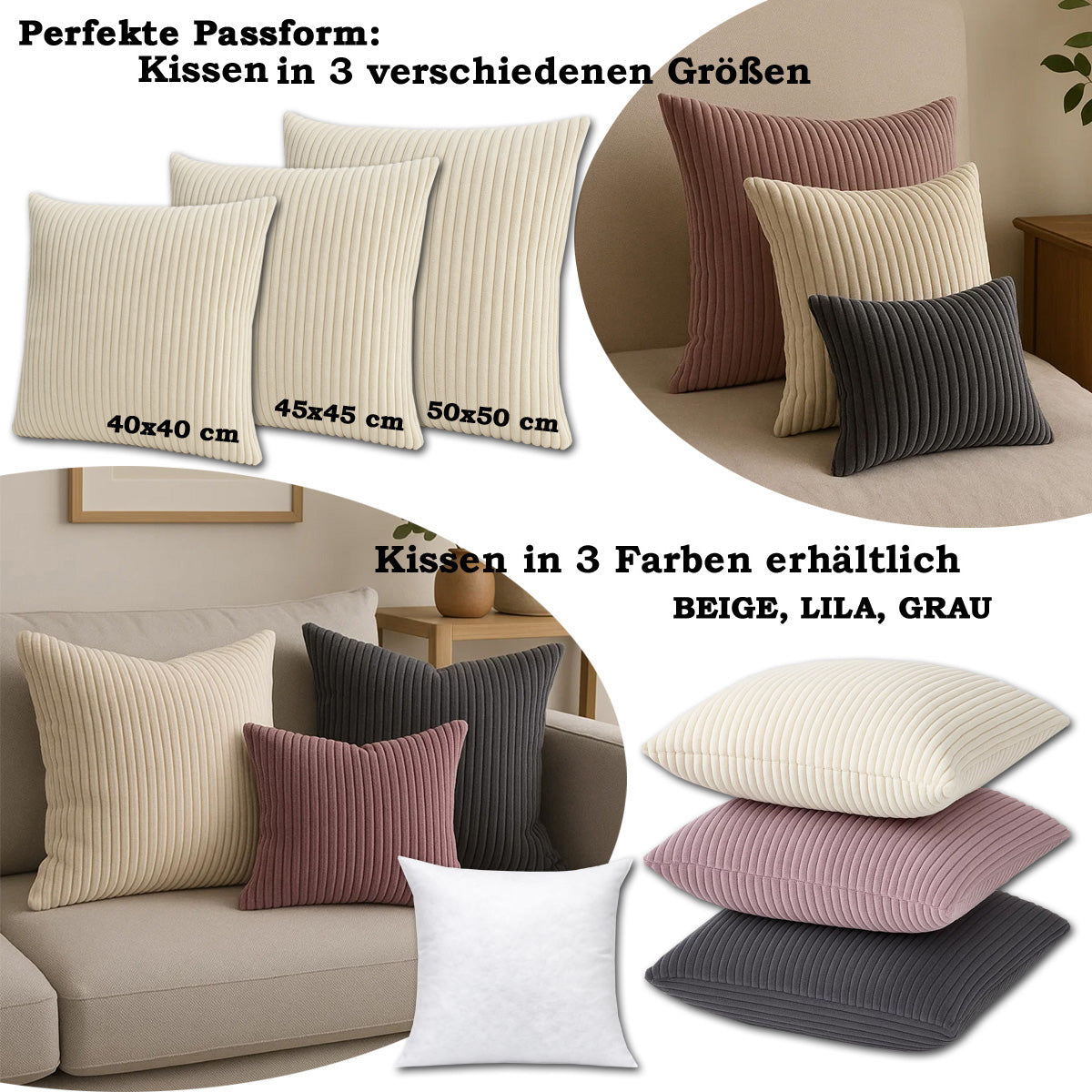 LEANBE Cord Dekokissen – Weiches Kissen mit strukturierter Oberfläche Set 4 Stck. - Graphit