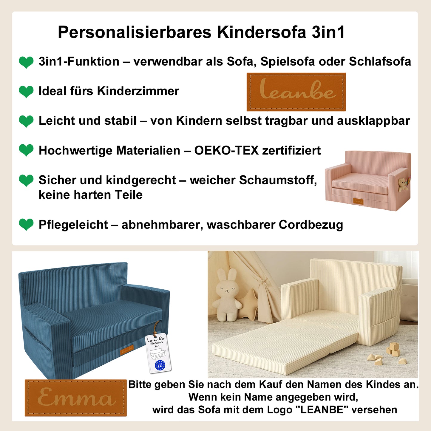Personalisierbares Kindersofa 3in1 - Beige Cord