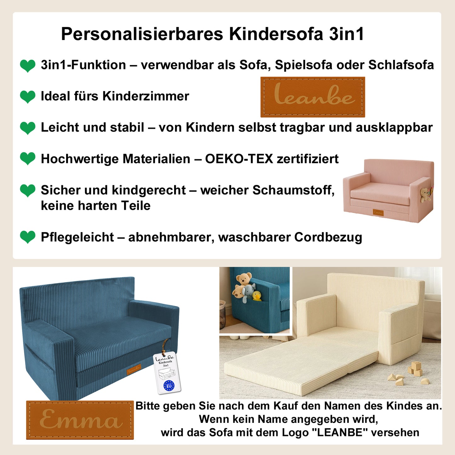 LEANBE Personalisierbares Kindersofa 3-in-1  Spiel- und Schlafsofa mit individuellem Namen - Rot Cord