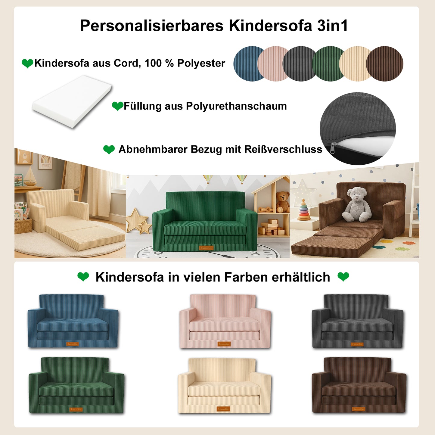 Personalisierbares Kindersofa 3in1 - Beige Cord