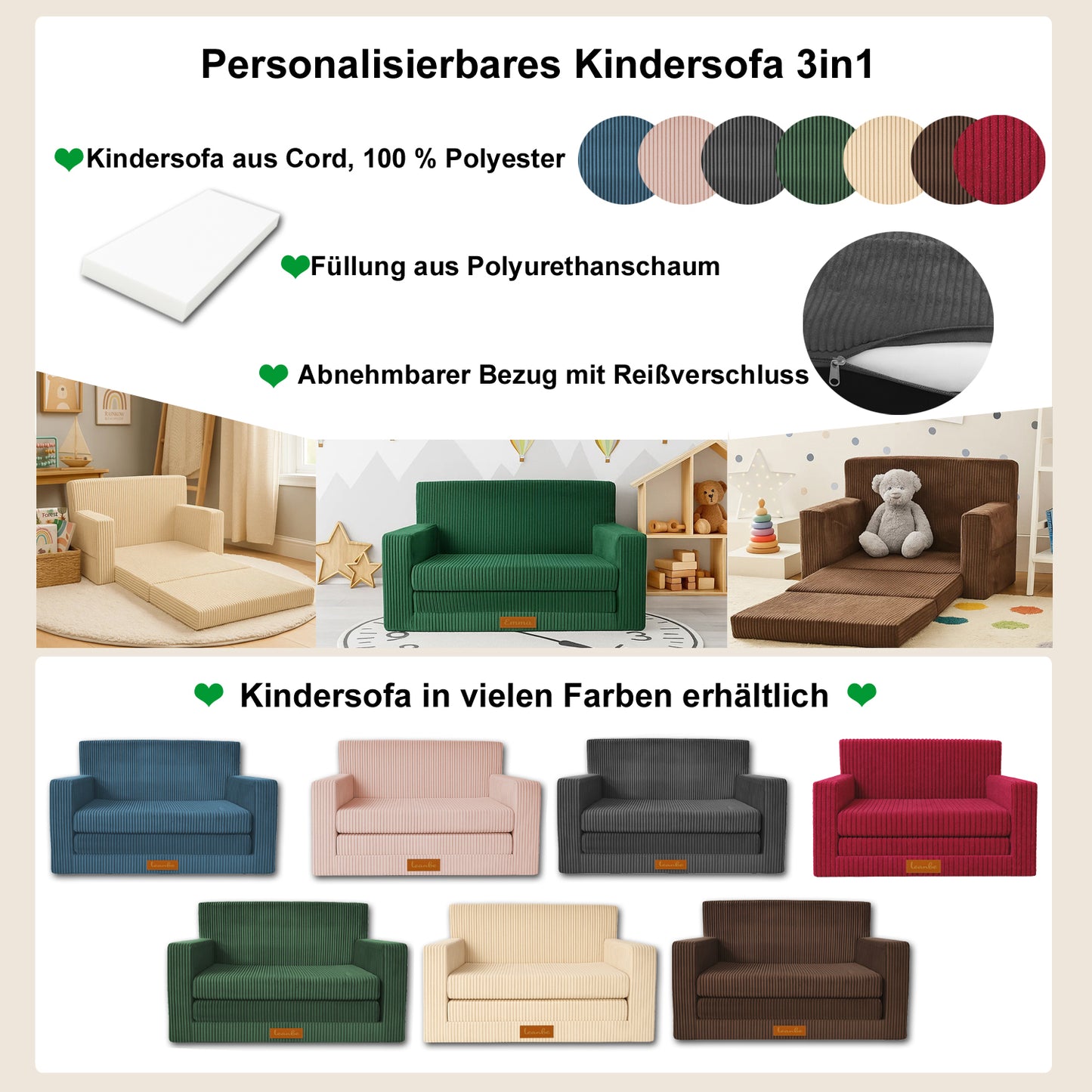 LEANBE Personalisierbares Kindersofa 3-in-1  Spiel- und Schlafsofa mit individuellem Namen - Rot Cord