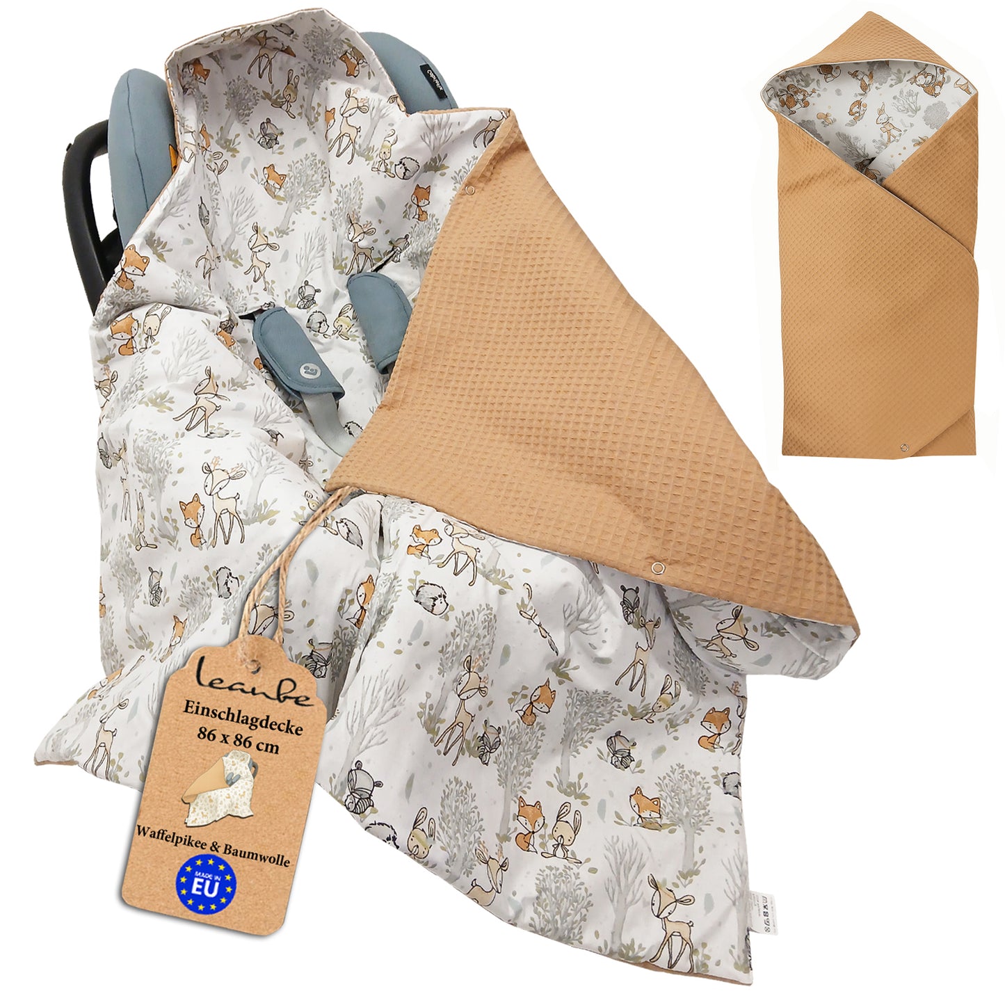 LEANBE Einschlagdecke Babydecke für Babyschale und Kinderwagen 86x86 cm – Baumwolle & Waffelstoff Beige