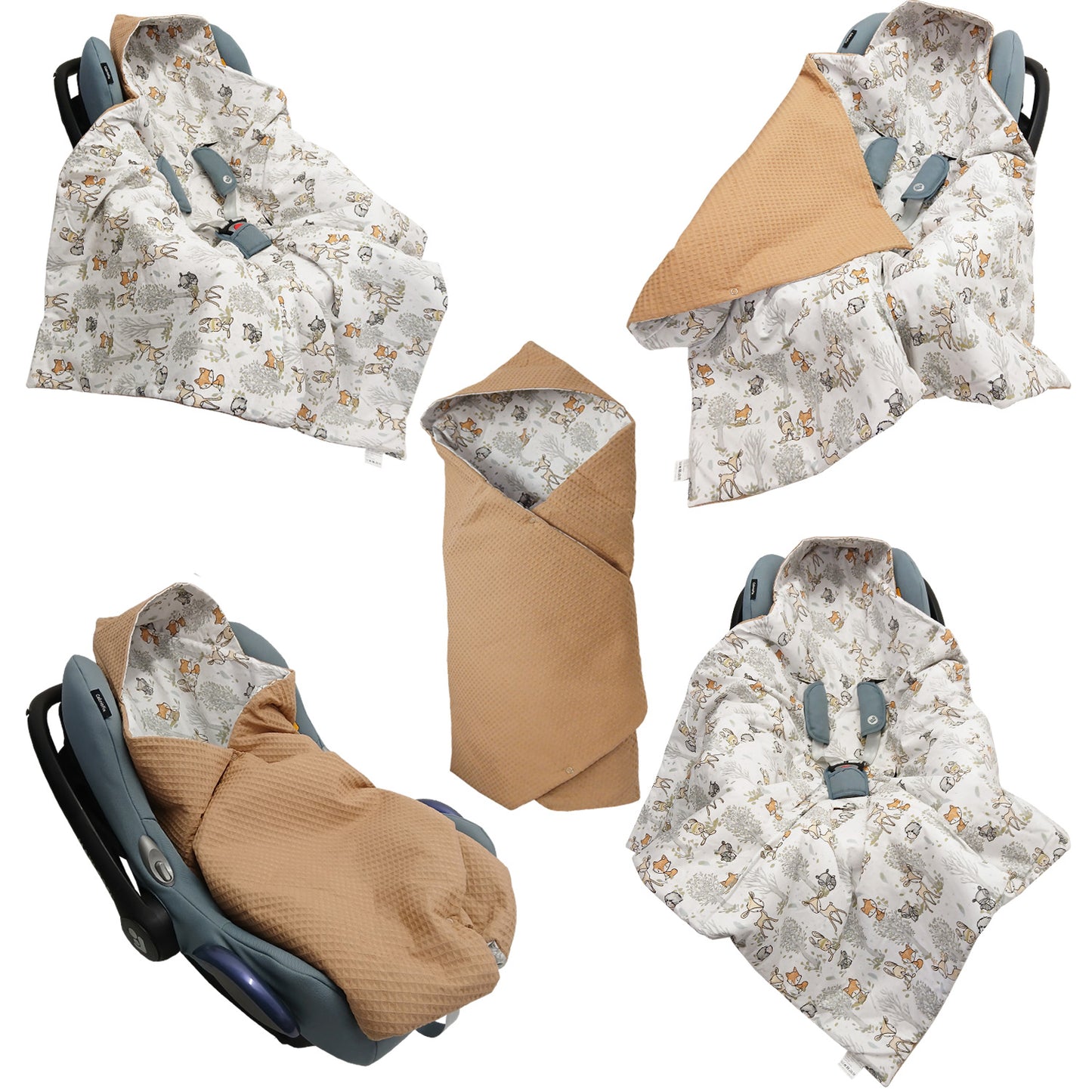 LEANBE Einschlagdecke Babydecke für Babyschale und Kinderwagen 86x86 cm – Baumwolle & Waffelstoff Beige