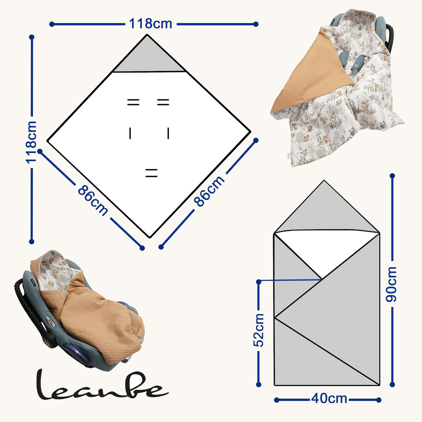 LEANBE Einschlagdecke Babydecke für Babyschale und Kinderwagen 86x86 cm – Baumwolle & Waffelstoff Beige