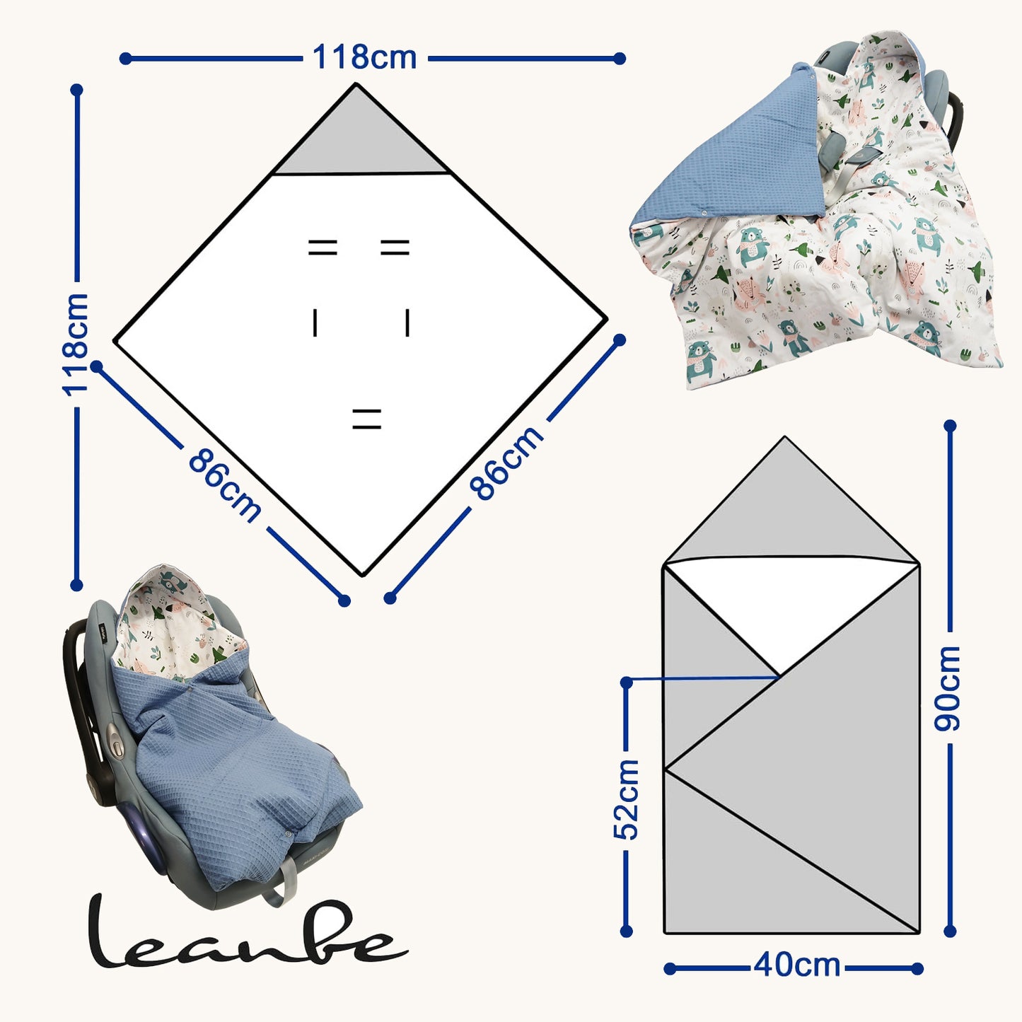 Einschlagdecke Babydecke 86x86 cm – Baumwolle & Waffelstoff Blau