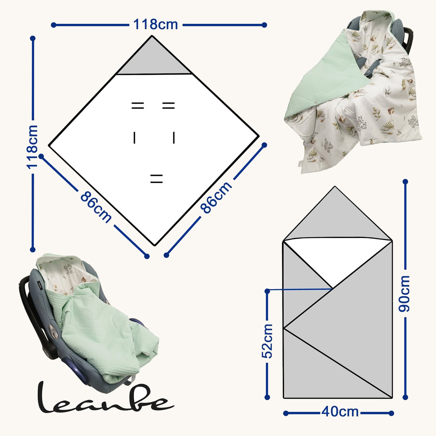 Einschlagdecke Babydecke 86x86 cm – Baumwolle & Waffelstoff Mint