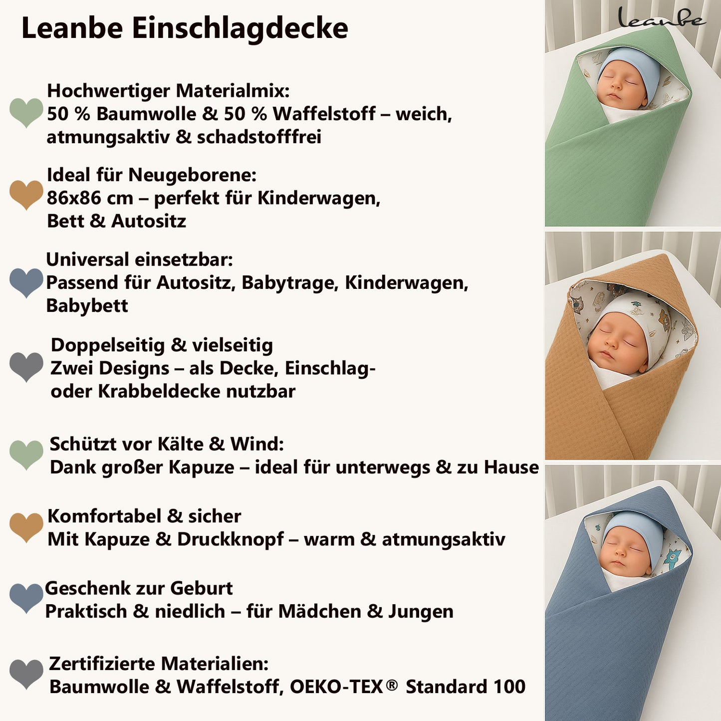 LEANBE Einschlagdecke Babydecke für Babyschale und Kinderwagen 86x86 cm – Baumwolle & Waffelstoff Beige