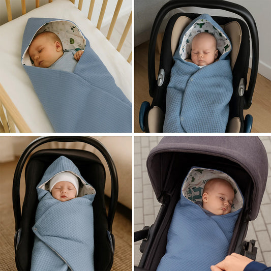 LEANBE Einschlagdecke Babydecke für Babyschale und Kinderwagen 86x86 cm – Baumwolle & Waffelstoff Blau