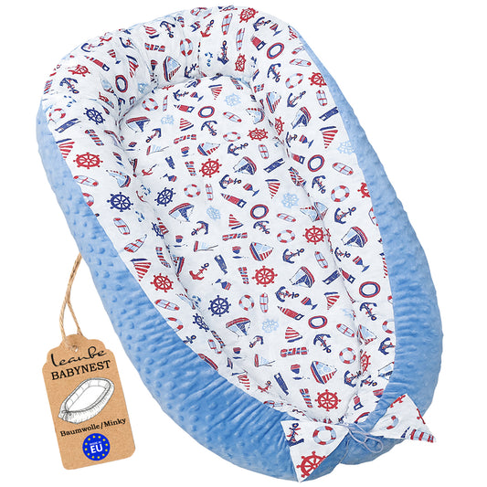 Babynest Kokon aus Baumwolle & Minky - Blau Minky / Segelboote