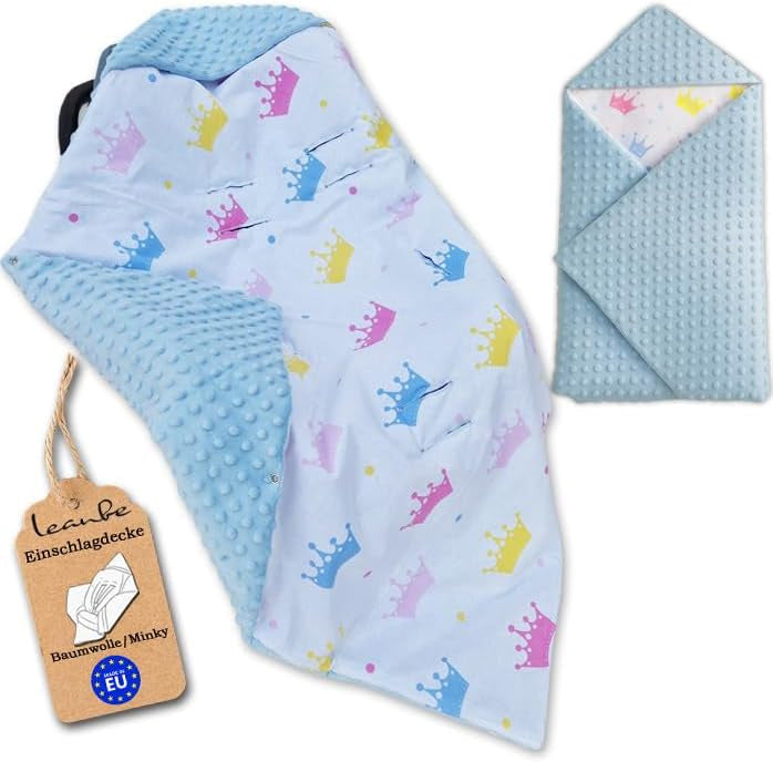 Einschlagdecke Babydecke 86x86 cm – Baumwolle & Minky Blau / Kronen