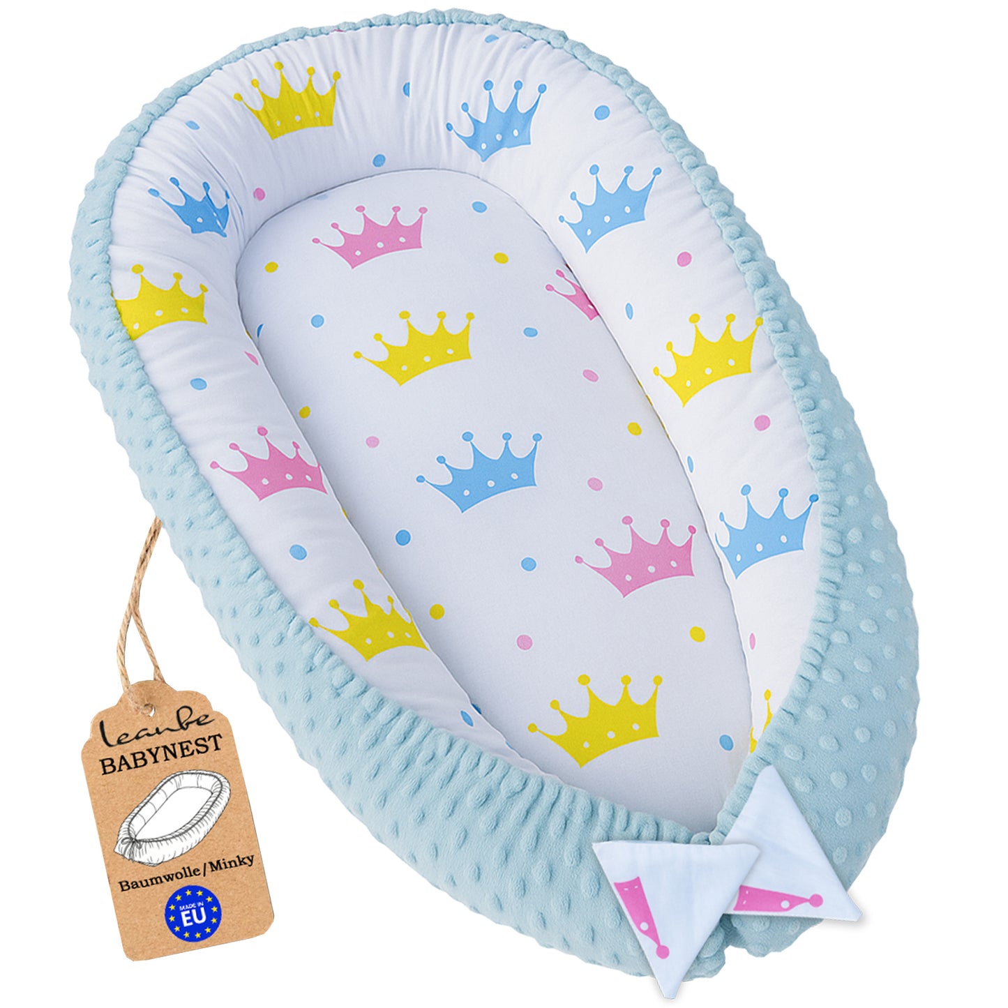 Babynest Kokon aus Baumwolle & Minky - Blau Minky / Bunte Kronen