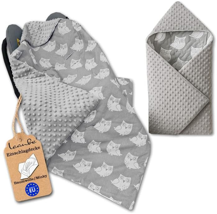 Einschlagdecke Babydecke 86x86 cm – Baumwolle & Minky Grau / Eulen
